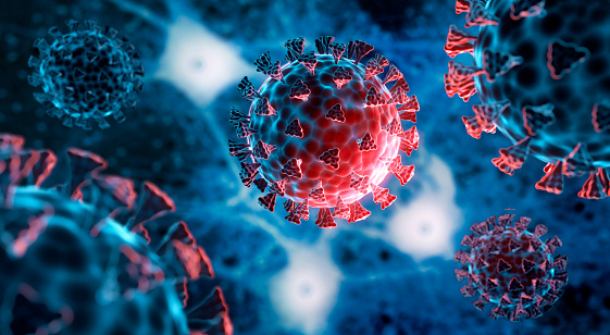 Corona Virus mutation covid-19 illustration with dark blue brain cell background